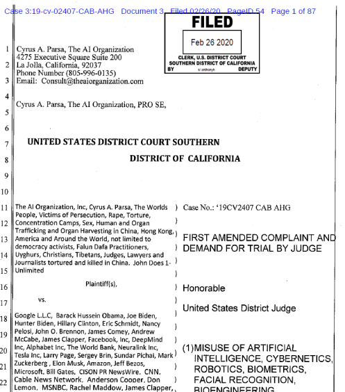 Тужба против Обаме, Клинтона, Гејтса, Сороша…