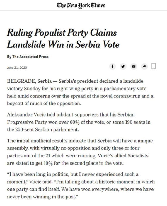 Њујорк тајмс: Србија не подржава аутократу Вучића!