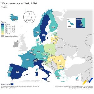 Мапа показује колики је очекивани животни век у земљама Европе и Србији