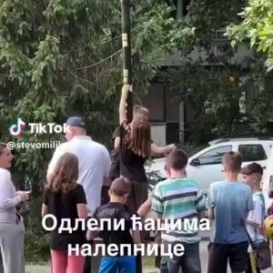 Ћаци у шоку: Поред СНС штанда деца се пењу на бандере и скидају Вучићеве налепнице! (ВИДЕО)