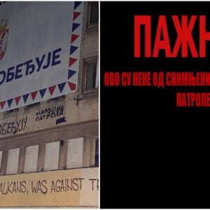 Народне патроле испод великог СНС банера исписале: Студенти побеђују! Једини геноцид на Балкану извршен је над Србима!