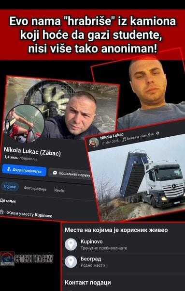 Откривен возач шлепера који је насрнуо на студенте: Никола Лукач, СНС лојалиста (ВИДЕО)