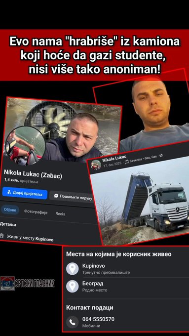 Откривен возач шлепера који је насрнуо на студенте: Никола Лукач, СНС лојалиста (ВИДЕО)